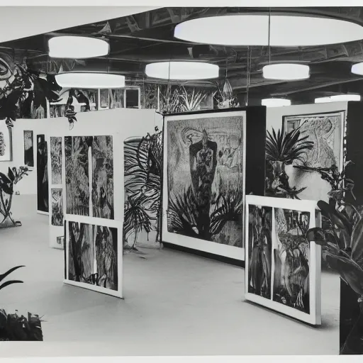 Image similar to A black and white photography printed in offset lithography of an exhibition space with works of Sun Ra, Marcel Duchamp and tropical plants, 60s, Modern Art