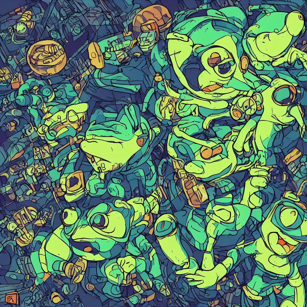 Image similar to toad head, ryuta ueda artwork, breakcore, style of jet set radio, y 2 k, gloom, space, cel - shaded art style, frogs, amphibians, sacred geometry, data, minimal, code, cybernetic, dark, eerie, cyber