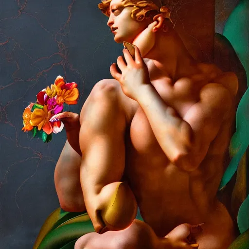 Prompt: photorealistic maximalist beautiful cyborg hands holding a flower. in the style of Michelangelo and flemish baroque. HD 8x matte background