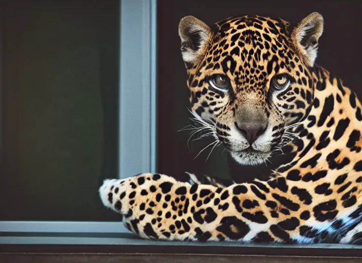 Image similar to photography of a Jaguar Cat . watching outside the window. on a bed. in a 70's room full of vinyls and posters, photorealistic, award winning photo, 100mm, sharp, high res