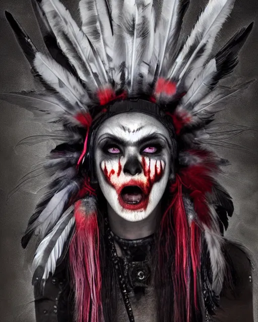 Prompt: wolf - human hybrid mutant ghost - spirit of the grim - warpaint wears the scarlet skull armor and native blood headdress feathers, midnight fog - mist!, dark oil painting colors, realism, cinematic lighting, various refining methods, micro macro autofocus, ultra definition, award winning photo, photograph by ghostwave - gammell - giger - shadowlord