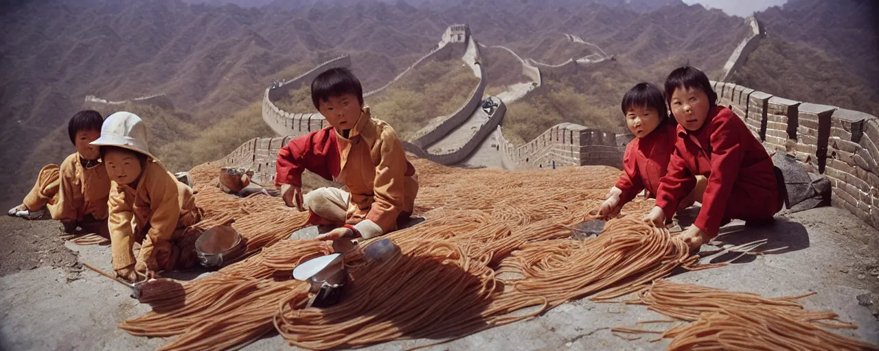 Image similar to eating spaghetti while constructing the great wall of china, fine detail, canon 5 0 mm, in the style of diane arbus, in the style wes anderson, kodachrome, retro