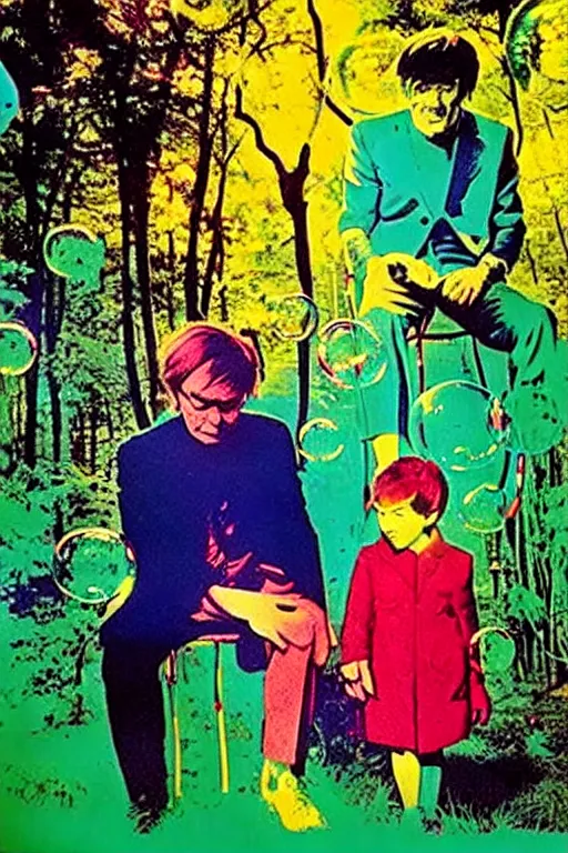 Prompt: ( ( ( ( ( a family in the forest garden with soap bubbles, pop art ) ) ) ) ) by andy warhol and bill sienkiewicz!!!!!!!!!!!!!!!!!!!!!!!!!!!!!!