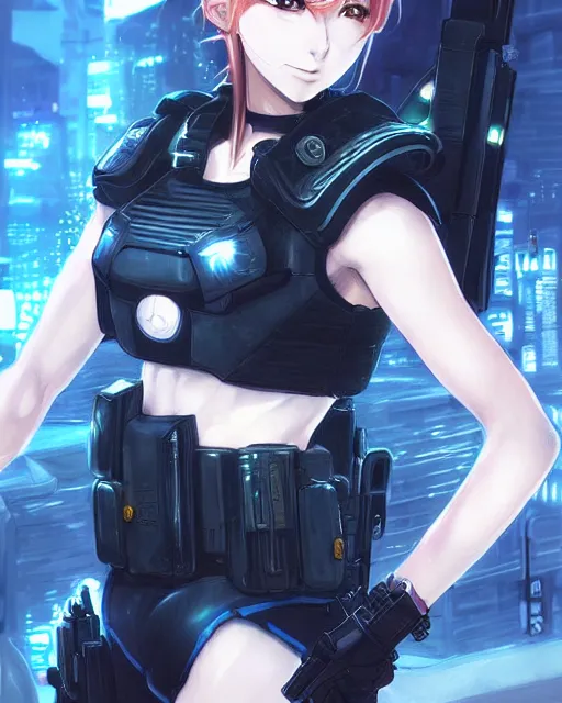 Prompt: nami, anime key visual of a young female swat officer, neon, cyberpunk, futuristic, white top, black vest, stunning, highly detailed, digital painting, smooth, soft focus, illustration, 4 k digital art from artstation by artgerm and greg rutkowski and alphonse mucha
