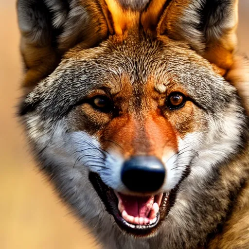 Prompt: professional photograph of a tawny red wolf, high quality, hd, 8 k, 4 k, magnificent, award - winning, nature, nature photography, awe - inspiring, highly detailed, amazing