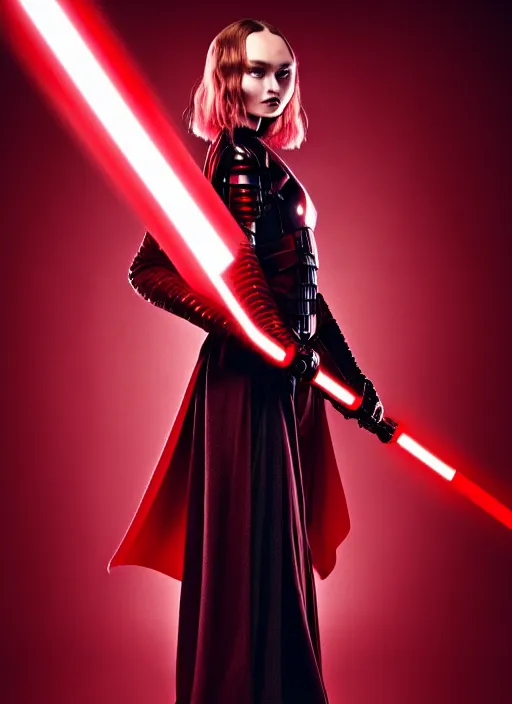 Prompt: lily - rose depp as sith warrior, determined, powerful, pale makeup, long flowing bright red hair, wearing black and red imperial sith military robes, full body portrait, centered composition, digital art, 8 k, hypermaximalist, extremely detailed, cinematic, nighttime, dark lighting