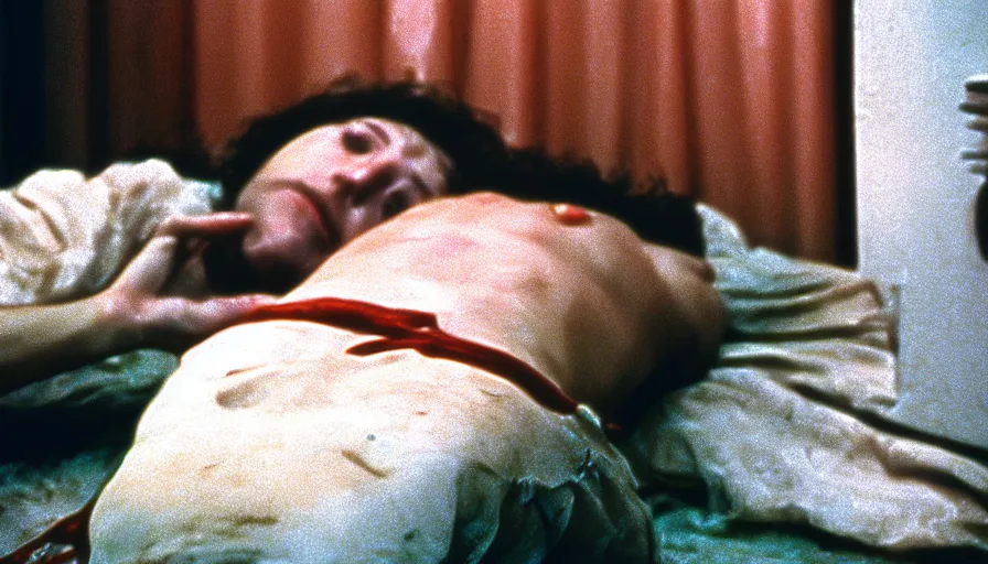 Image similar to 1 9 7 0 s movie still of la mort de marat, cinestill 8 0 0 t 3 5 mm, high quality, heavy grain, high detail, panoramic, cinematic composition, dramatic light, ultra wide lens, anamorphic