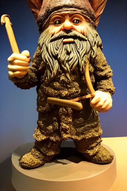 Image similar to photo taken of an epic intricate, ultra detailed, super realistic sculpture of gnome holding a pitchfork, sculpture on display, created by weta workshop, photorealistic, sharp focus, f 0. 4, face centred, golden ratio