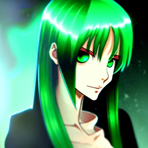 Image similar to a woman with dark green hair and glowing green eyes, anime, artstation, trending on artstation, high quality