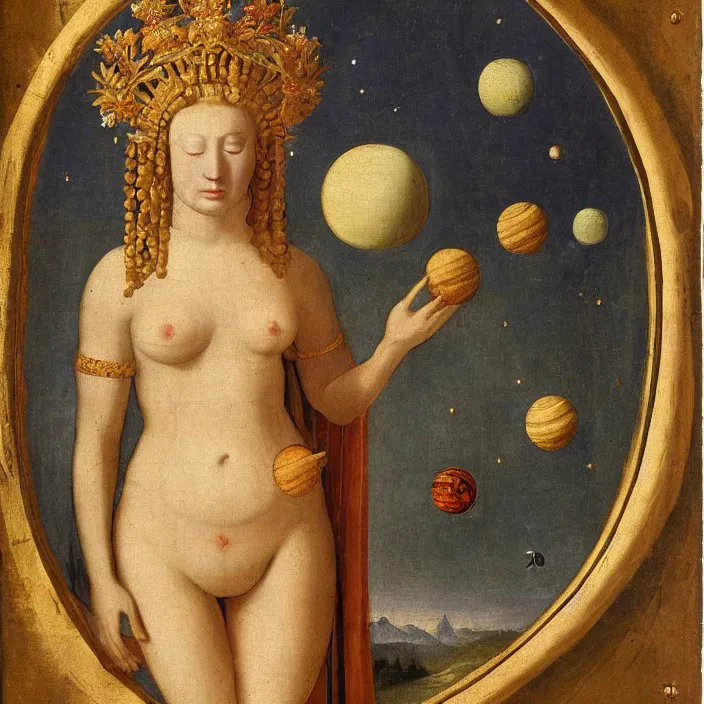 Prompt: a goddess with planets around her head, early netherlandish painting,