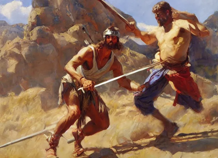 Image similar to a highly detailed beautiful portrait of king david slaying goliath, by gregory manchess, james gurney, james jean