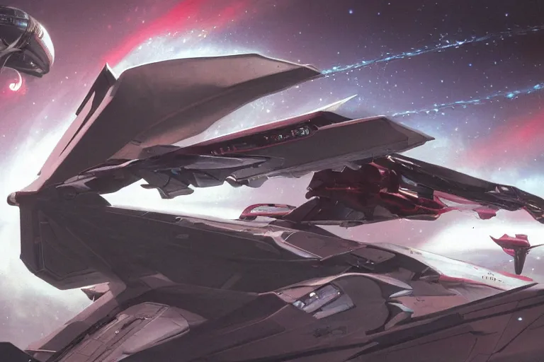 Prompt: gnostic space nebula framing a pteranodon mecha interceptor, small against the backdrop of space, white john berkey armor panels, wine-red and grey trim, robotech styling, with white Kanji markings outlined in black, boeing concept art painting, cinematic lighting, amazing lifelike cinematic photo render