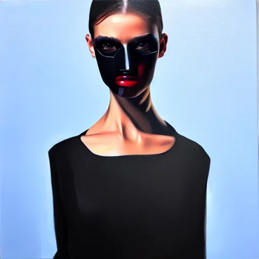 Prompt: fashion model with half robot face, hyperrealism oil painting