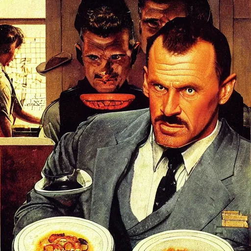 Image similar to leon kowalski replicant from blade runner is unhappy with the soup he has received in a restaurant and is considering making a complaint, painted by norman rockwell and tom lovell and frank schoonover