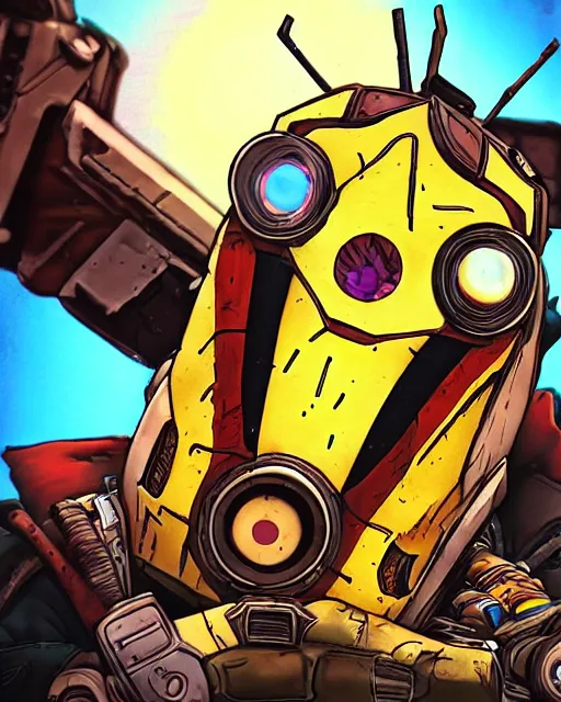 Image similar to cel - shaded claptrap from borderlands 3, airbrush, drew struzan illustration art, key art, movie poster