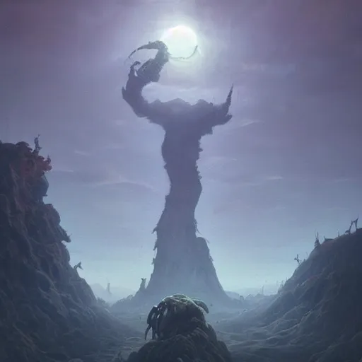 Image similar to a digital painting of a gigantic big enormous humanoid monster standing in the sky, concept art by simon stalenhag and peter mohrbacher cgsociety, vanitas, ominous, lovecraftian, speedpainting, apocalypse art. mist. hyper - realistic. photo realistic. octane render. intricate detailed masterpiece. extreme wide shot. realistic shaded dynamic lighting