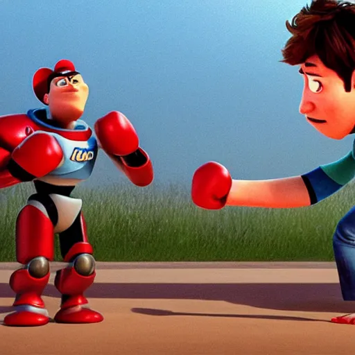 Prompt: still frame from a pixar film. in the scene, a tired man stands in a defensive boxing pose, he is fighting against a giant, 6-foot tall robot that is shaped like an alarm clock. epic. cinematic. atmospheric.