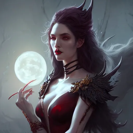 Prompt: desirable Vampire woman, fantasy, intricate, elegant, highly detailed, digital painting, artstation, concept art, matte, sharp focus, illustration, art by artgerm and Greg Rutkowski, dreadjim, zeen chin