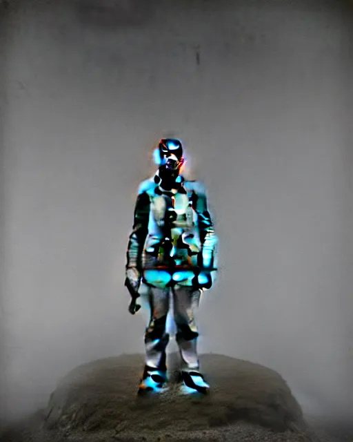 Prompt: full-body creepy realistic vintage photo central composition a decapitated soldier with futuristic elements. he welcomes you into the fog with no head, dark dimension, empty helmet inside is occult mystical symbolism headless full-length view. standing on ancient altar eldritch energies disturbing frightening eerie, hyper realism, 8k, sharpened depth of field, 3D