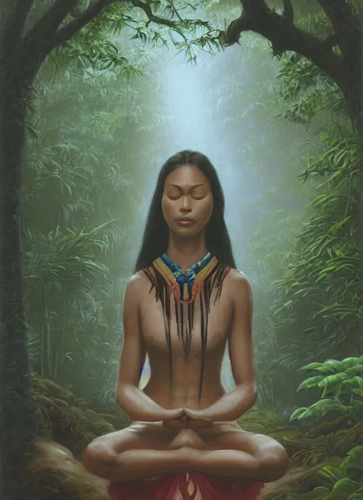 Image similar to an indigenous woman meditating near a river in the amazon jungle, art by christophe vacher