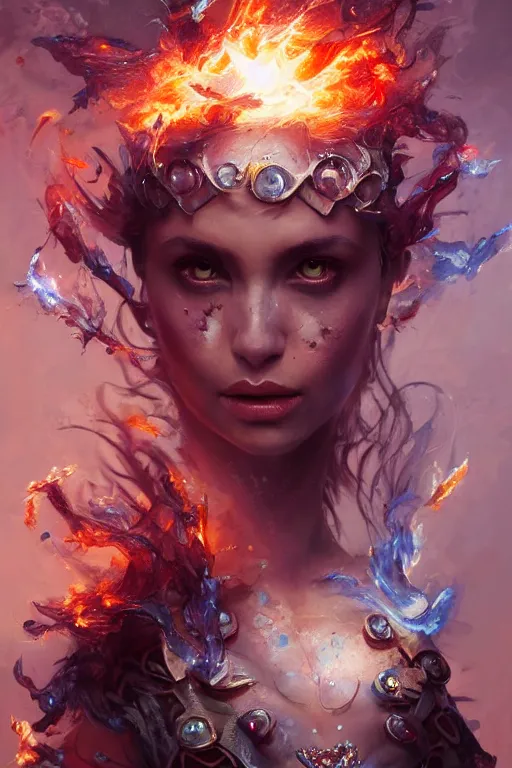 Image similar to torso closeup model wearing exploding fire & ice robe jewels, sorcerer, diamonds, angel, fantasy, dramatic lighting, highly detailed, digital painting, holding electricity, magic the gathering, hyper detailed, 3 d render, hyper realistic detailed portrait, peter mohrbacher, wlop, ruan jia