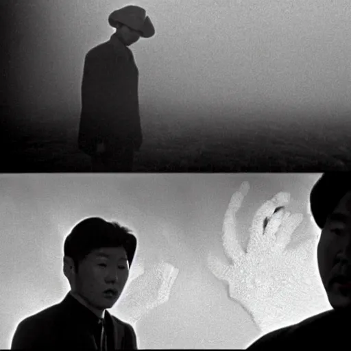 Prompt: a man in the fog and a giant starfish monster emerging above, 1950s Korean film noir in the style of Orson Welles and Ishiro Honda