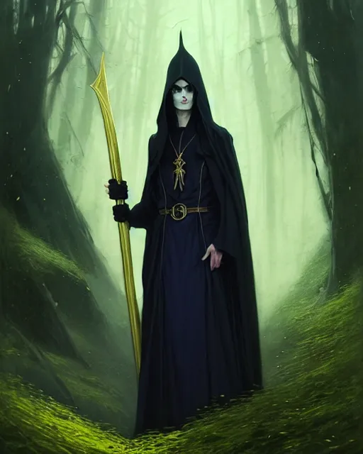Image similar to handsome mage holding a tall stave, long black hair wearing gothic navy cloak with gold details, green plants, fantasy character portrait, ultra realistic, movie key visual, concept art, intricate details, highly detailed by greg rutkowski, ilya kuvshinov, gaston bussiere, craig mullins, simon bisley