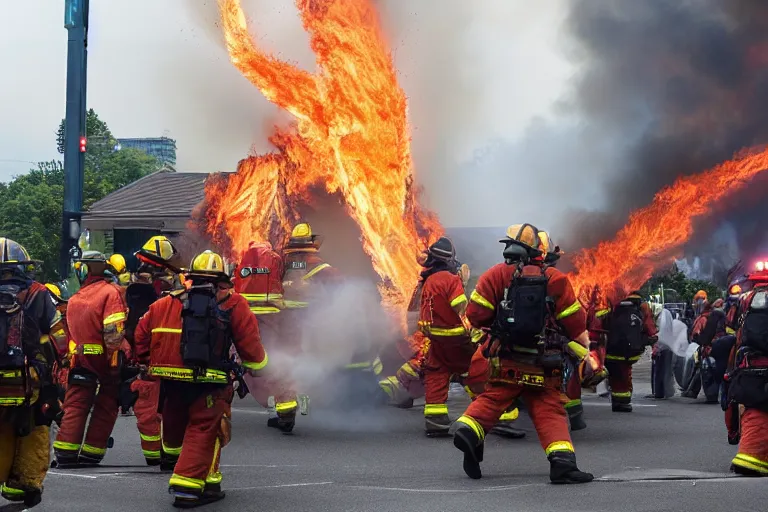 Prompt: a phoenix trying to burst into flames with firemen standing by