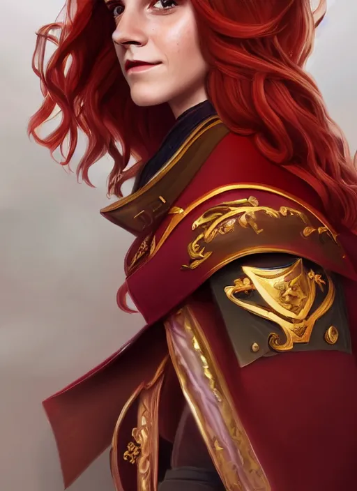 Image similar to a highly detailed illustration of emma watson as a long dark red haired wearing wine red epaulette uniform and coat cape, dramatic smiling pose, perfect face, intricate, elegant, highly detailed, centered, digital painting, artstation, concept art, smooth, sharp focus, league of legends concept art, wlop