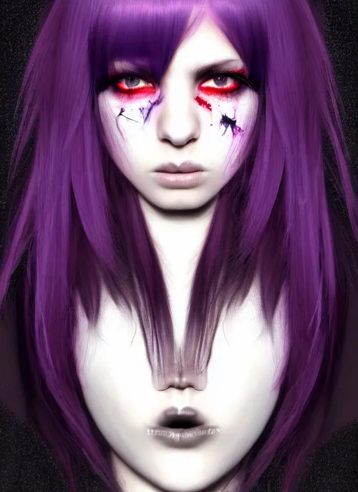 Image similar to hair blackbangs hair, white cyberlox, portrait of normal teenage girl, normal face, black bangs, messy bangs, fluffy bangs, cyberlox, whitebangs, red contact lenses, purple background, intricate, elegant, highly detailed, digital painting, artstation, concept art, sharp focus, smooth, illustration, art by wlop, mars ravelo and greg rutkowski