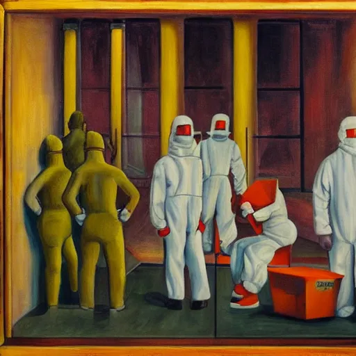 Image similar to pandemic hospital, hazmat suits, dystopian, pj crook, edward hopper, oil on canvas