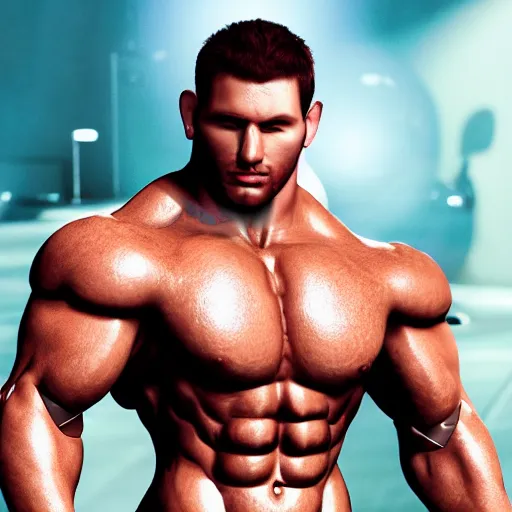 Image similar to a realistic detailed photo of a bodybuilder who is also a male android Chris Redfield, shiny skin, posing robotically, blank stare