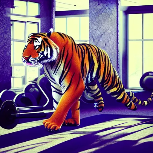 Image similar to “a tiger working out in the gym, trending on artstation”