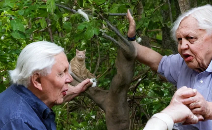 Prompt: david attenborough pointing at a cat guarding it's eggs. big nest. nature photography, strange, photorealistic