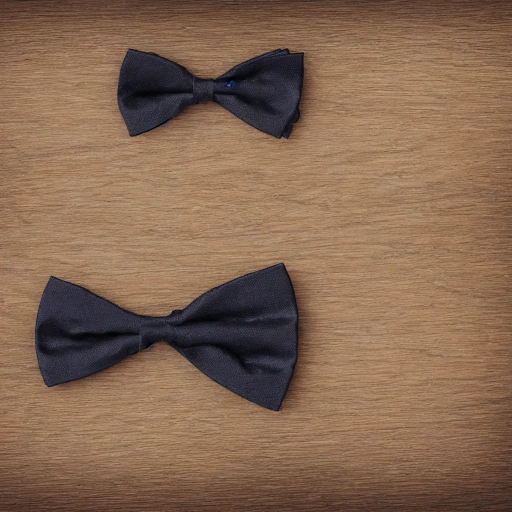 Prompt: close - up view of a bowtie on wooden table, 8 k, high detail, photorealistic, proper shading