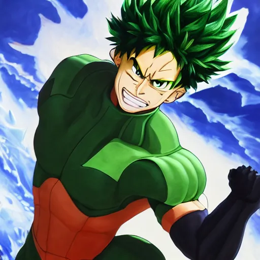 Prompt: an oil painting of a izuku midoriya wearing super sayian armor in mha gta style, by artgerm, hd, hdr, ue 5, ue 6, unreal engine 5, realistic anime 3 d style, cinematic 4 k wallpaper, 8 k, ultra detailed, gta cover art, high resolution, artstation, award winning