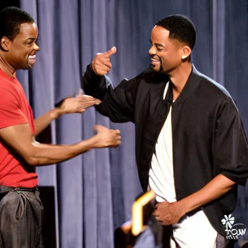 Prompt: chris rock slapping will smith on stage, cinematic, candid photography