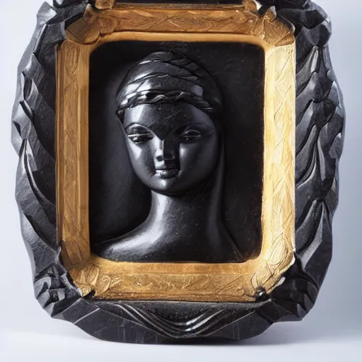 Image similar to a beautiful hand carved portrait of a pretty girl made of black marble, dynamic pose