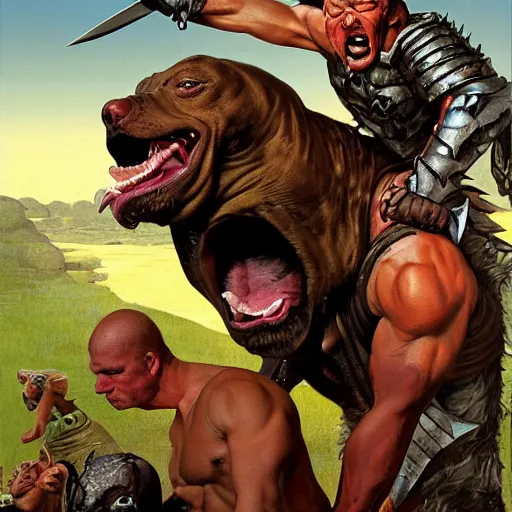 Image similar to grinning pit bull barbarian, fantasy warrior, drooling, ultra detailed, rule of thirds, crispy, super sharp, 4 k, style of norman rockwell, style of richard corben.