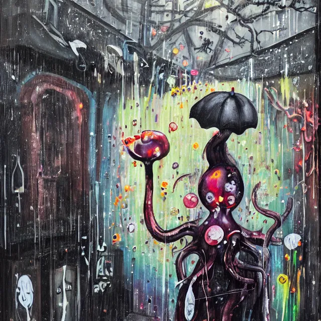 Prompt: a portrait in a dark laneway, a woman holding pancakes, streetlamps, wet, puddles, berries dripping, scientific instruments, ikebana, octopus, neo - expressionism, surrealism, acrylic and spray paint and oilstick on canvas