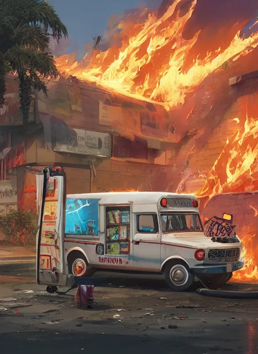 Image similar to highly detailed image of an ice cream truck on fire, in gta v, stephen bliss, unreal engine, fantasy art by greg rutkowski, loish, rhads, ferdinand knab, makoto shinkai and lois van baarle, ilya kuvshinov, rossdraws, tom bagshaw, global illumination, radiant light, detailed and intricate environment