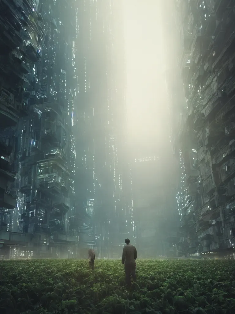 Image similar to farmer at his futuristic vertical farm growing food in a cyberpunk high rise in blade runner, 3 point perspective, atmospheric, morning light, foggy, ultra - hd, ultra - realistic