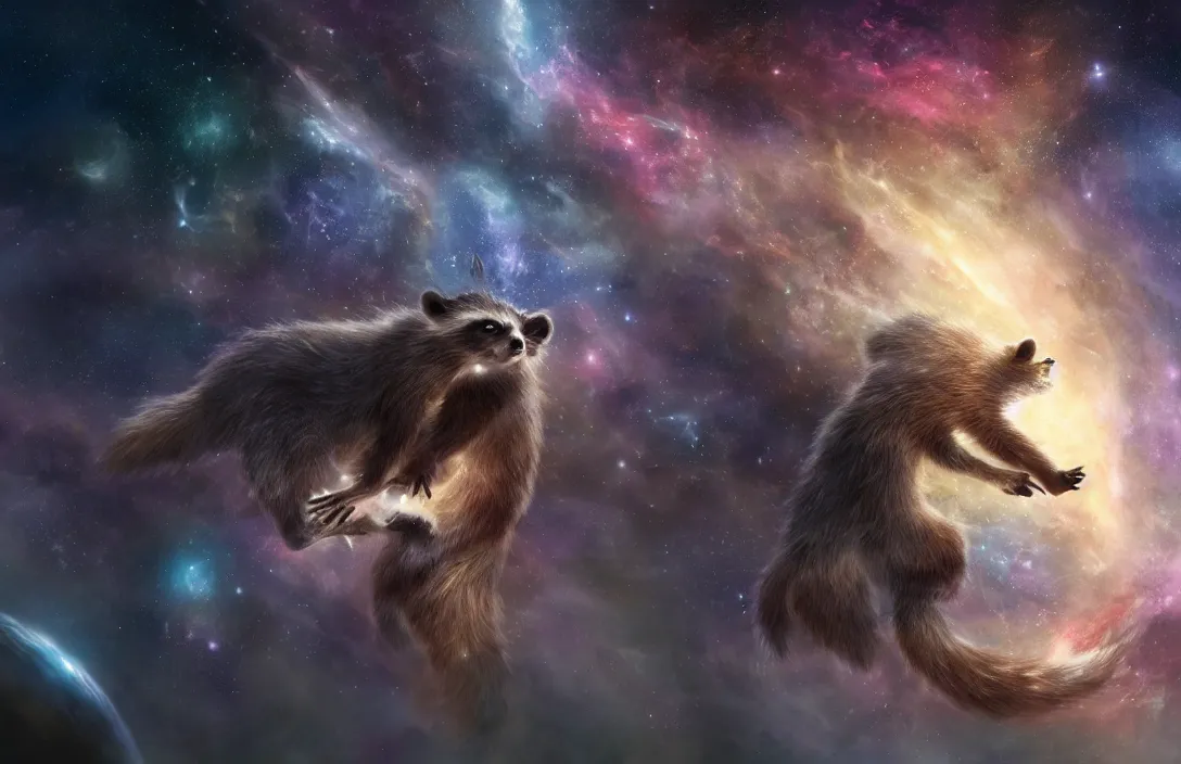 Image similar to A digital concept art painting a space cosmic racoon in the stars 4K UHD image, unreal engine