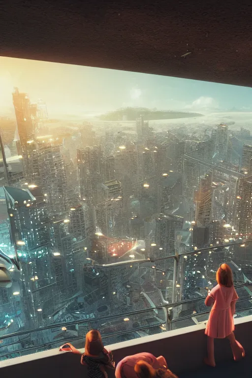 Image similar to two girls watching a city from a high rise above sea level, epic, cinematic shot, cinematic lighting, hyper realistic, soft lights, hyper detailed, bright daytime, photorealistic, ultra hd 4 k, unreal engine