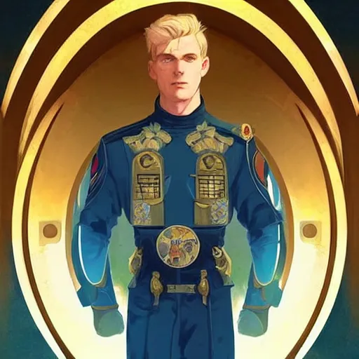 Image similar to uncannily beautiful blonde man, genetically perfect, with distant expression and piercing blue eyes, wearing fascist Byzantine police uniform and standing in ancient bronze arcology airlock, science fiction concept art by Anato Finnstark, Alphonse Mucha, and Greg Rutkowski