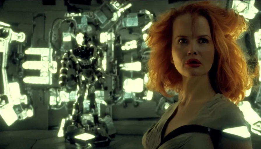 Image similar to perpetual motion machine intense moment, cinematic stillframe, dramatic lighting, The fifth element, vintage robotics, starring Geena Davis