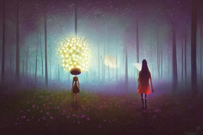 Image similar to giant daisy flower on head, girl walking in forest, big trees, surreal photography, dark night, stars, moon light, impressionist painting, clouds, digital painting, artstation, simon stalenhag