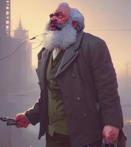 Image similar to highly detailed portrait karl marx as buff gangsters holding gums in gta v, stephen bliss, unreal engine, fantasy art by greg rutkowski, loish, rhads, ferdinand knab, makoto shinkai and lois van baarle, ilya kuvshinov, rossdraws, tom bagshaw, global illumination, radiant light, detailed and intricate environment