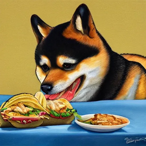 Image similar to beautiful detailed painting of a shiba inu eating a taco