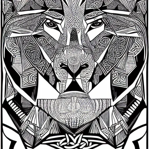 Image similar to an intricate lion designed by mc escher, line art, celtic, illustration